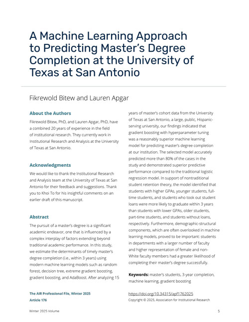 A Machine Learning Approach to Predicting Master’s Degree Completion at the University of Texas at San Antonio